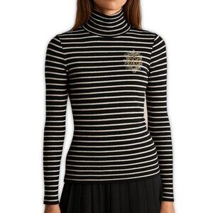 Express Black Metallic Crest Logo Turtleneck Long Sleeve Top S Y2K